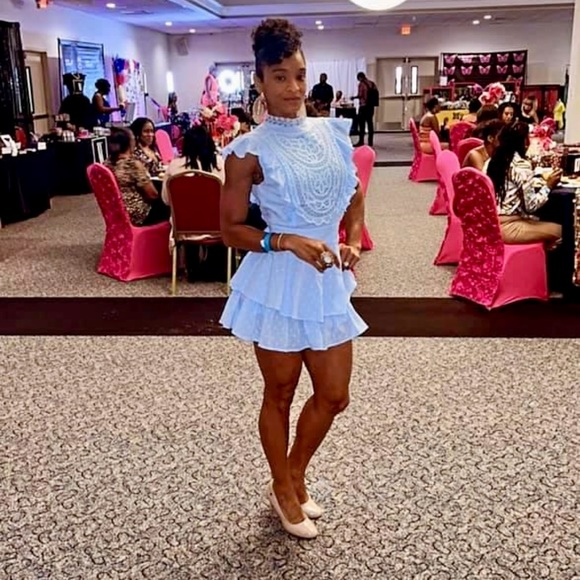 Saints + Secrets 
Size Small 
Baby blue ruffle romper 
100% cotton - Picture 4 of 4